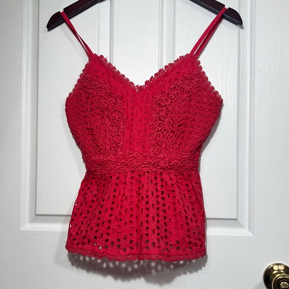 Japna Eyelet Tank Camisole 100% Cotton Lined Bust Size Small Red Festival Wear